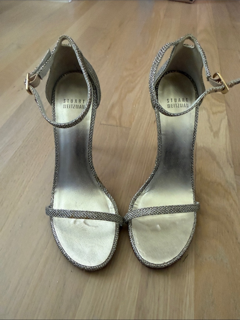 Stuart Weitzman Glitter Gold Ankle-Strap Sandals